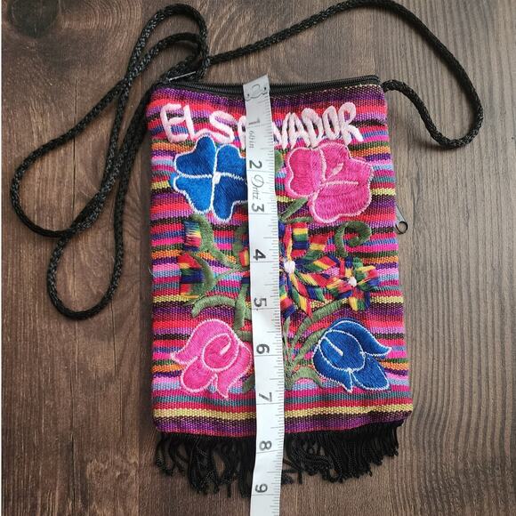 El Salvador Fringe Multicolored Woven Knit Bohemian Pouch Purse Crossbody - Picture 5 of 6